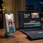 A content creator working on an AI video generator side hustle using software to create 9:16 vertical videos for Facebook Reels.